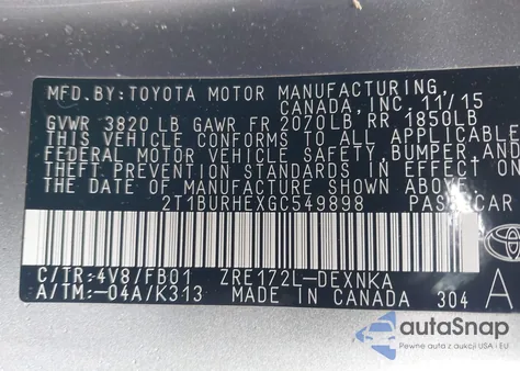 2016 Toyota Corolla Le from USA, damaged, VIN 2T1BURHEXGC549898